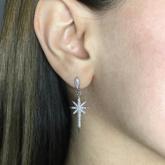 S925 Silver Dangles Star White Sapphire Earrings - Picture 3 of 5